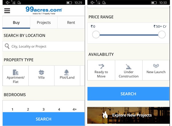 99Acres Windows Phone app